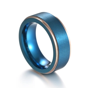 8mm men's brushed blue titanium steel wedding band with rose gold accent groove