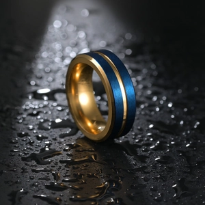 8mm brushed blue and gold stainless steel ring for men with polished edges and water drops