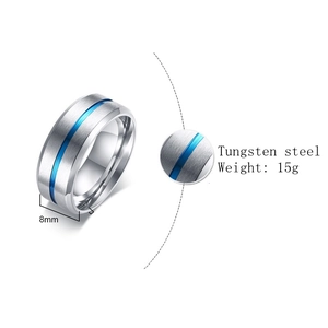 Men's 8mm silver tungsten steel ring with blue center line matte finish for fashion