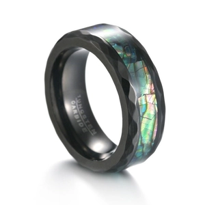 Men's hammered black tungsten ring with vibrant abalone shell inlay from 45-degree angle