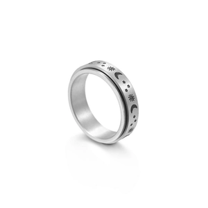Spinner fidget ring in matte silver steel with sun moon and star celestial engravings