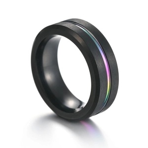 Black brushed 8mm men's ring with a vibrant rainbow grooved center in stainless steel
