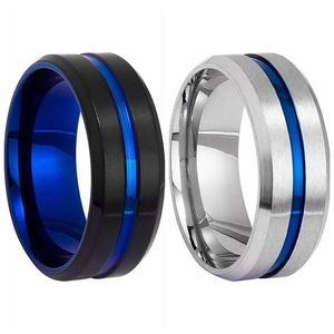 Minimalist two-tone stainless steel men's rings in matte black and silver with blue accents