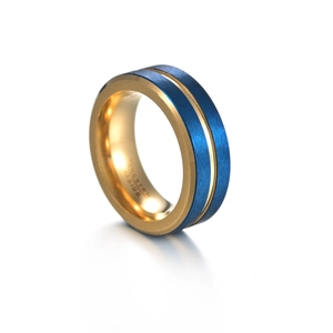 Modern 8mm two-tone blue and gold tungsten carbide ring with brushed finish and polished edges