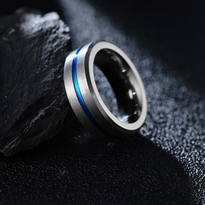 Men Brushed Titanium Steel Ring Blue Groove Matte Finish Fashion Band Ring For Men Jewelry Everyday Casual Wear Accessory