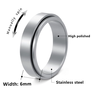 Polished silver stainless steel 6mm spinner ring with black groove for men