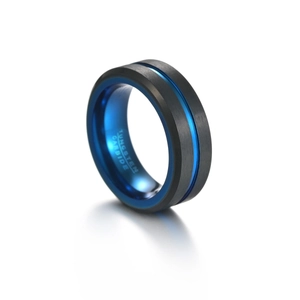 Bague en carbure de tungstène 8mm noir brossé avec finition intérieure bleu poli
