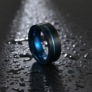 8mm black brushed titanium steel ring with blue inner band on water drop background