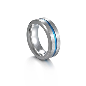 Detail of 8mm tungsten carbide ring with brushed silver surface and blue center groove