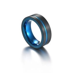 8mm brushed black and blue electroplated titanium steel ring for men with polished interior