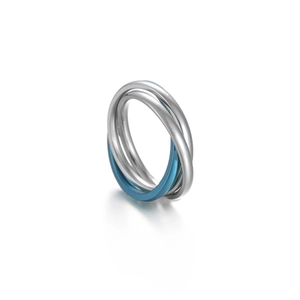 Detail of interlocking three-band ring with polished silver and navy blue metallic finish