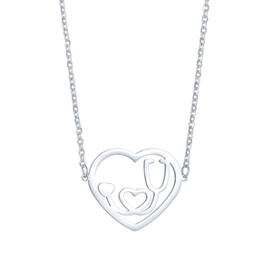 Silver stainless steel heart necklace with medical stethoscope pendant on white background