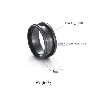 Bague homme en acier inoxydable noir 8mm avec rainure de 4mm et bords moletés