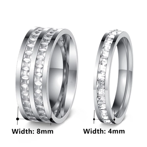 Elegant rose gold titanium steel eternity rings featuring triple and single row crystals