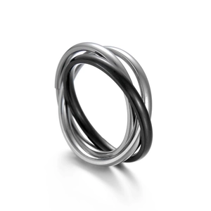 Three-band interlocking stainless steel ring with polished silver and matte black finish