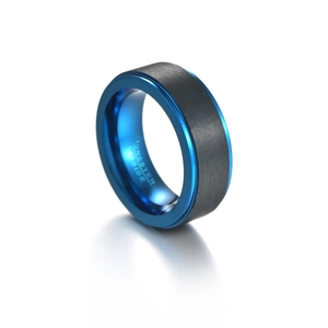 8mm black brushed and blue plated tungsten carbide wedding ring for men with polished edges