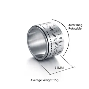 Mechanical style spinner ring in silver stainless steel featuring Arabic numerals 14mm band