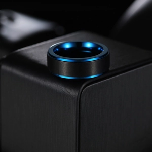 8MM black brushed titanium steel ring for men with high-polished blue inner plating
