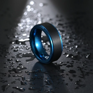 8mm brushed black and blue titanium steel ring for men on water droplet background