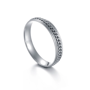 304 stainless steel spinner ring featuring rotatable Cuban chain in silver finish