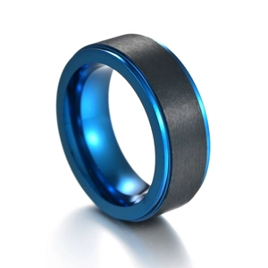 8mm black brushed titanium steel men's ring with polished blue inner band and edges