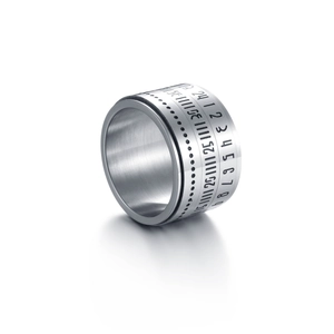 Titanium steel spinner ring with rotating Arabic numerals and calendar design on white background