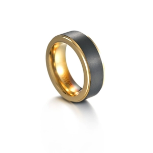 Two-tone tungsten carbide ring featuring black brushed finish and gold-plated edges