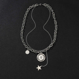 Double-layered stainless steel necklace with B-letter pendant and smiley face charm