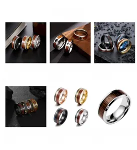 Detailed grid showing 6mm and 9mm stainless steel rings with wood inlay and engraved patterns