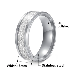 Detail view of 8mm stainless steel ring featuring high polished edges and textured inlay