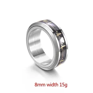 8mm spinner ring for men in black stainless steel with gold heartbeat EKG pattern