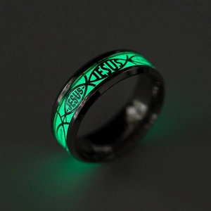 Luminous Jesus Fish ring in black stainless steel with glowing green inner inlay
