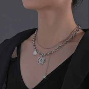 Double-layered titanium steel necklace with B letter, smiley face and star pendant