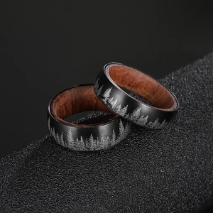 Titanium steel ring with laser forest design and pear wood interior for men and women