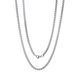 Detailed close-up of 2mm silver stainless steel box chain necklace with lobster clasp