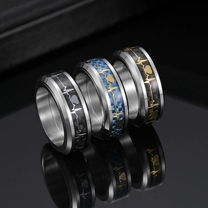 Titanium Steel Rotatable Heartbeat Ring For Men Women Carbon Fiber Inlay Stress Relief Spinner Band Ring Heart Pattern Jewelry