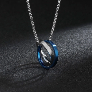 Polished Mobius loop necklace in blue and silver steel with a brushed metal finish