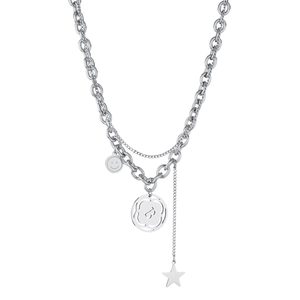 Double-layered stainless steel necklace with B-letter and smiley face pendants in silver