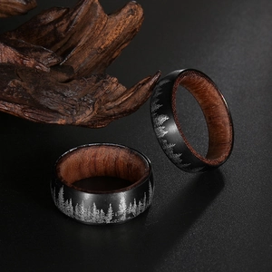 Titanium steel ring with laser forest wolf pattern and dark pear wood inner layer