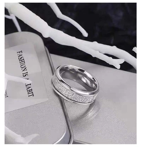 Macro shot of silver titanium steel ring with matte frost texture and polished edges