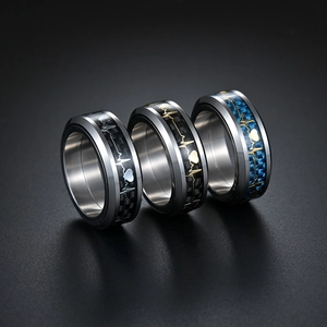 Mens titanium rotatable rings set with carbon fiber heartbeat wave and heart patterns