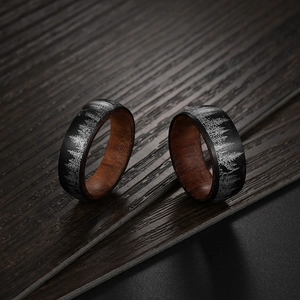 Titanium steel ring with laser forest wolf pattern and high-density pear wood inner band