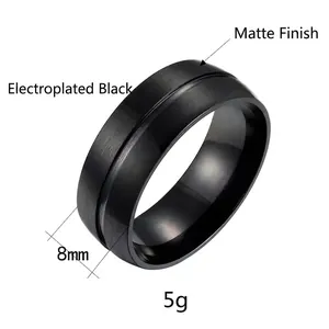 Macro detail of 8mm matte black stainless steel ring with electroplated polished groove