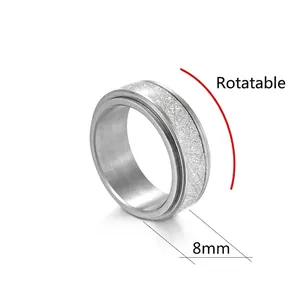 Men's 8mm stainless steel spinner ring with luminous textured inlay in silver tone