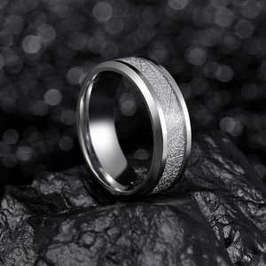Men's titanium steel ring with frosted rime texture and polished beveled edges