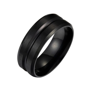 Classic men's black stainless steel ring with brushed finish and polished center groove