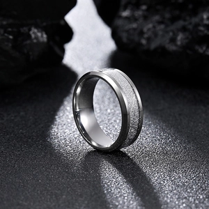 Mens silver titanium steel ring with unique frosted texture and polished beveled edges