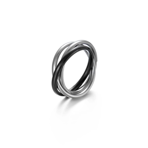 Close-up of interlocking three-band ring in silver and matte black stainless steel