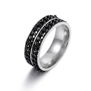 Detailed view of black stainless steel ring featuring an inlaid silver cuban chain design