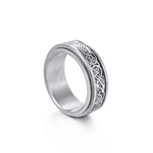 8mm spinner ring for men made of stainless steel with silver dragon pattern inlay